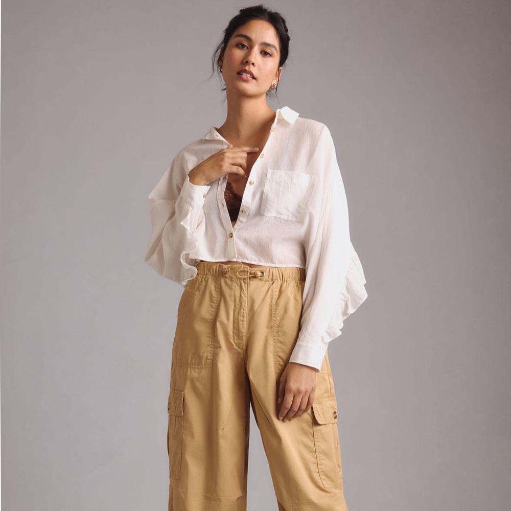 Pilcro Anthropologie White Flutter Sleeve batwing Crop Top - Picture 3 of 9